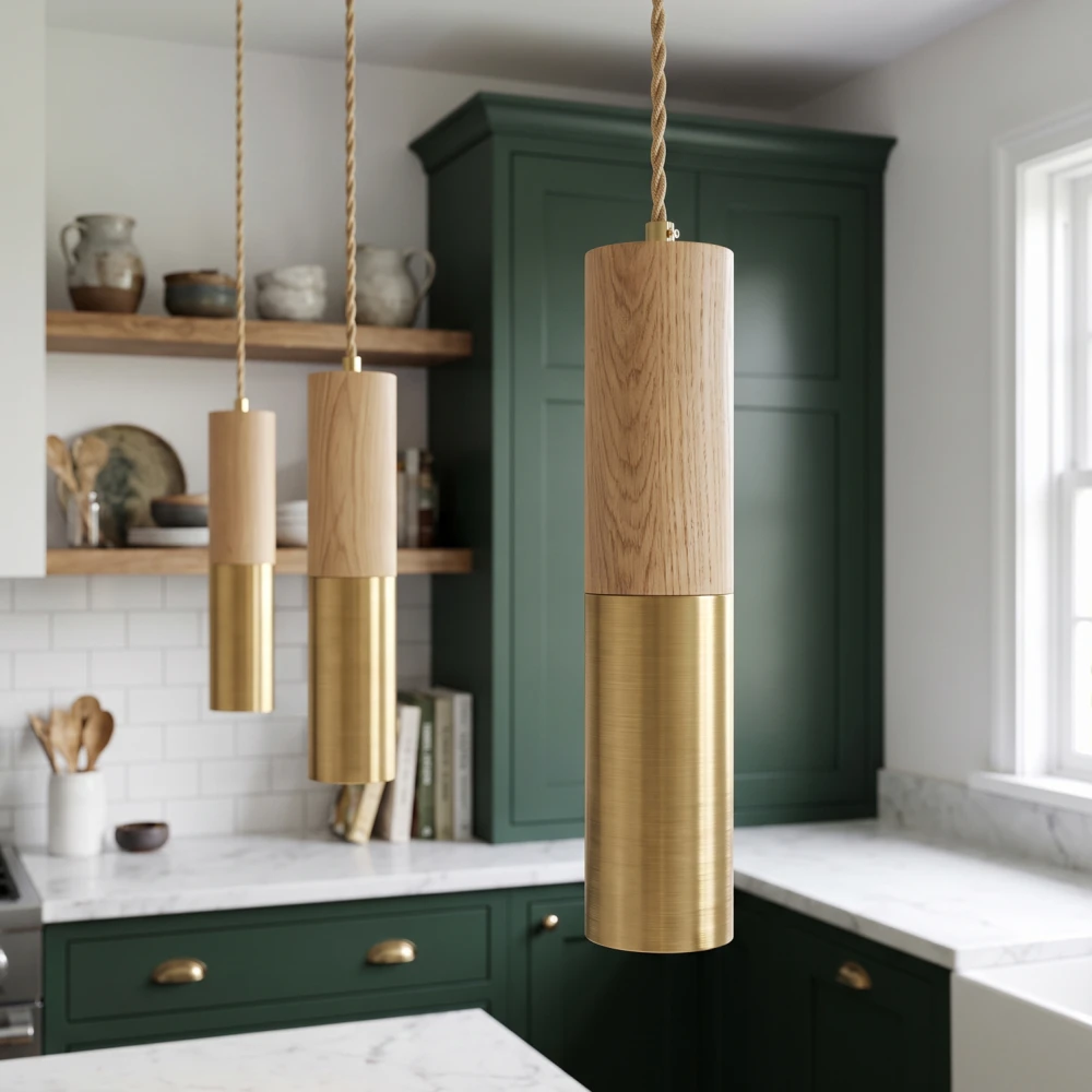 MALM E14 cylinder pendel guld/træ, Pendler hos HomeNordic