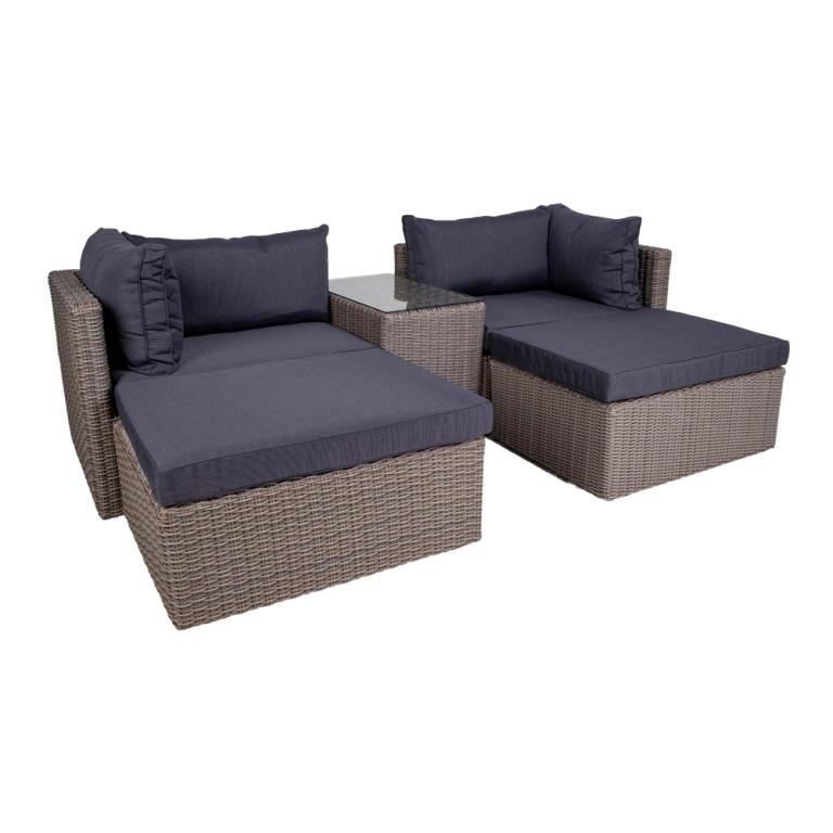 Bahama sofasæt i kubu grå rattan med hynder og glasbordplade., Havemøbler hos HomeNordic