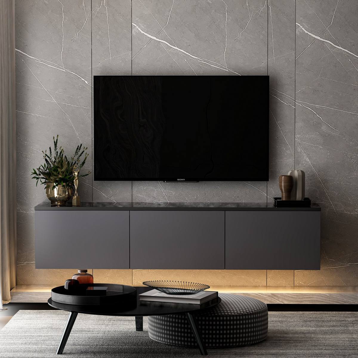NORDVÄRK Neon Illuminated væghængt TV-bord, m. 3 låger, produktbillede 7 af 10, TV-borde hos HomeNordic