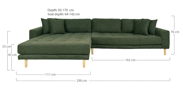 Riviera lounge sofa olivengrøn venstre vendt. Længde 290 cm, produktbillede 7 af 8, Sofaer hos HomeNordic