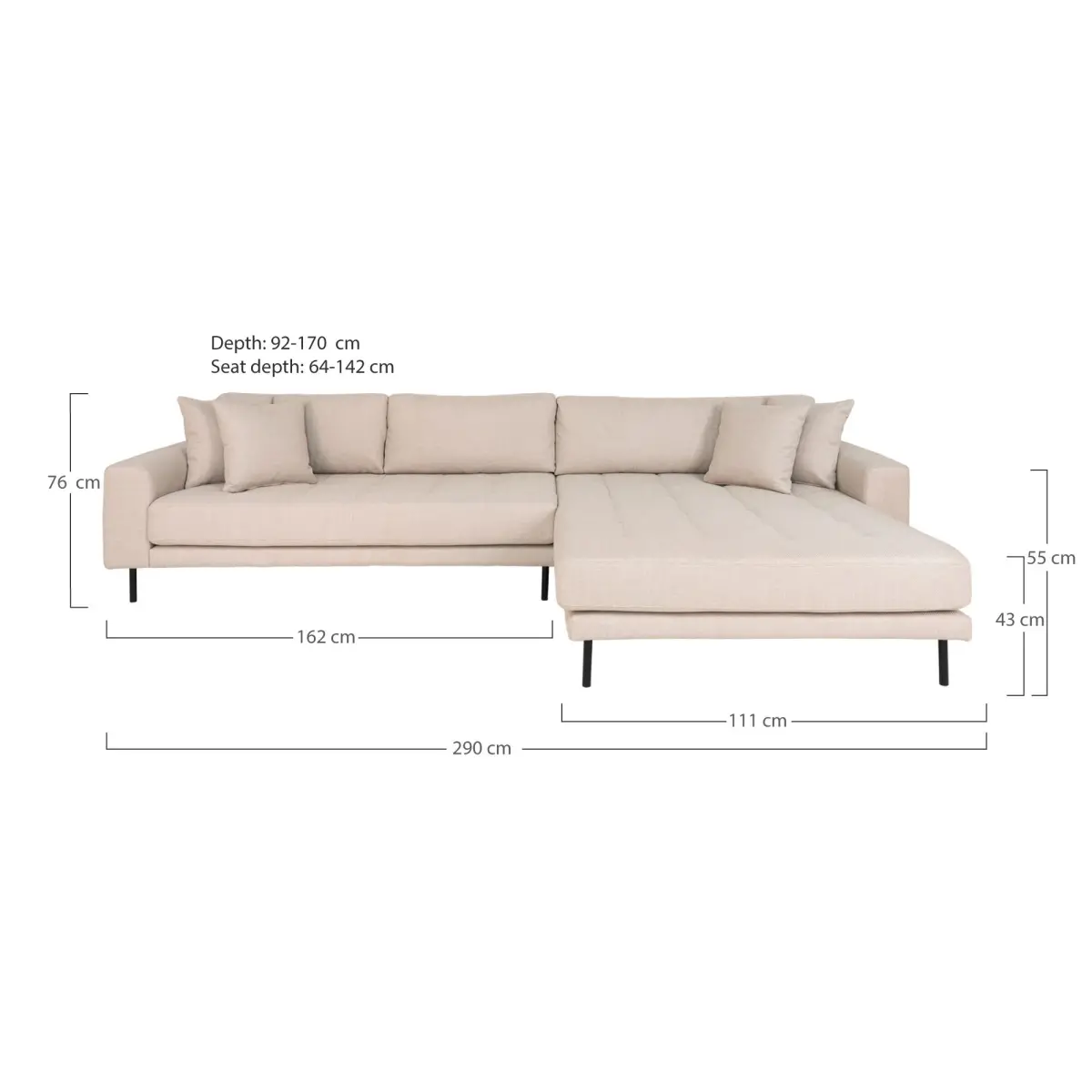 Lido Loungesofa - Loungesofa, Højrevendt I Beige Med Fire Puder Og Sorte Stål Ben, Hn1025 – billede 5