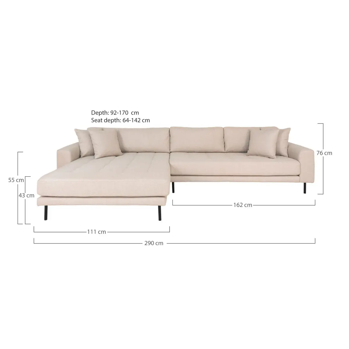 Lido Loungesofa - Loungesofa, Venstrevendt I Beige Med Fire Puder Og Sorte Stål Ben, Hn1025 – billede 5
