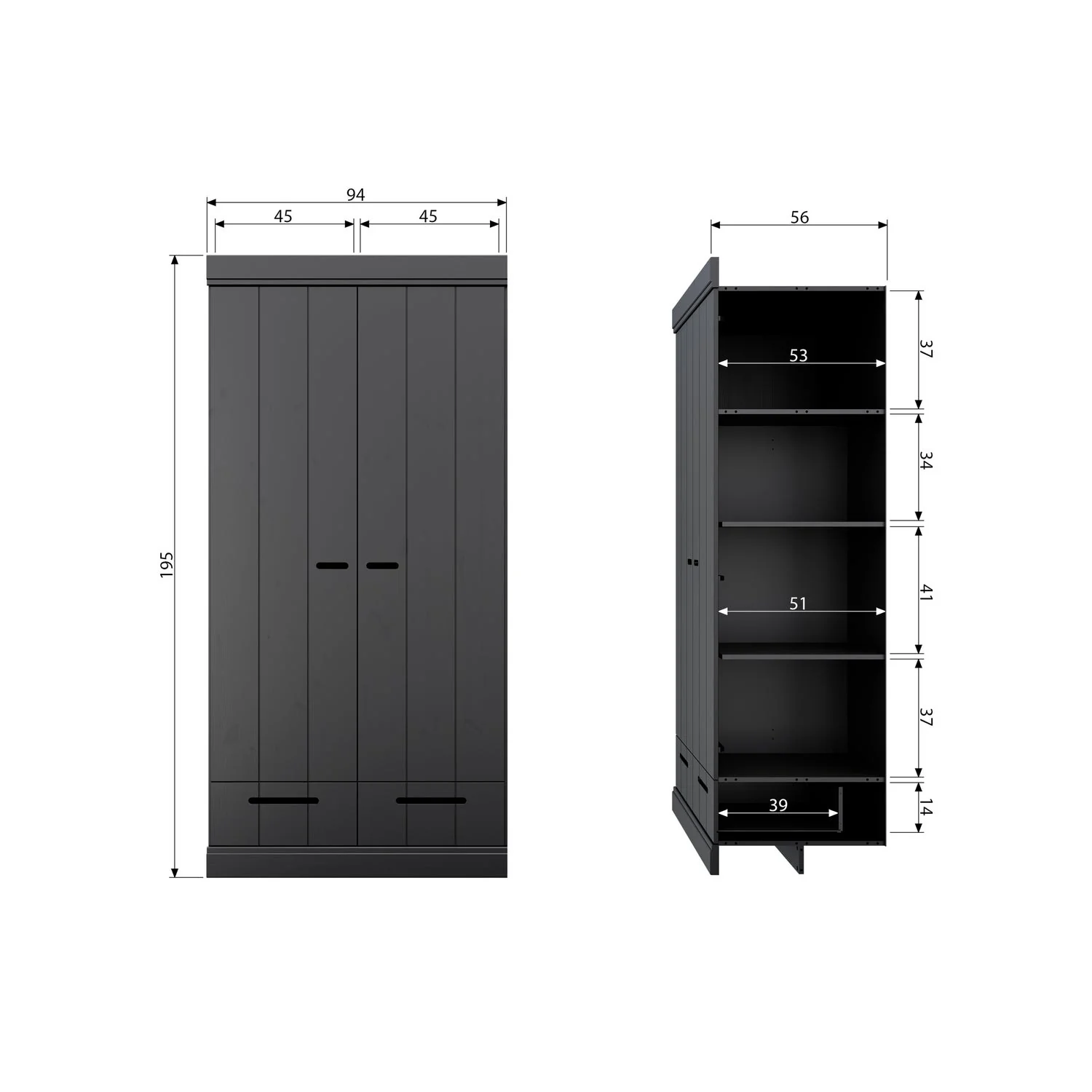 WOOOD - Connect 2-Dørs Skab Skuffer Skydedøre Sort FSC 195x94x53 cm, produktbillede 9 af 9, Garderobeskabe hos HomeNordic