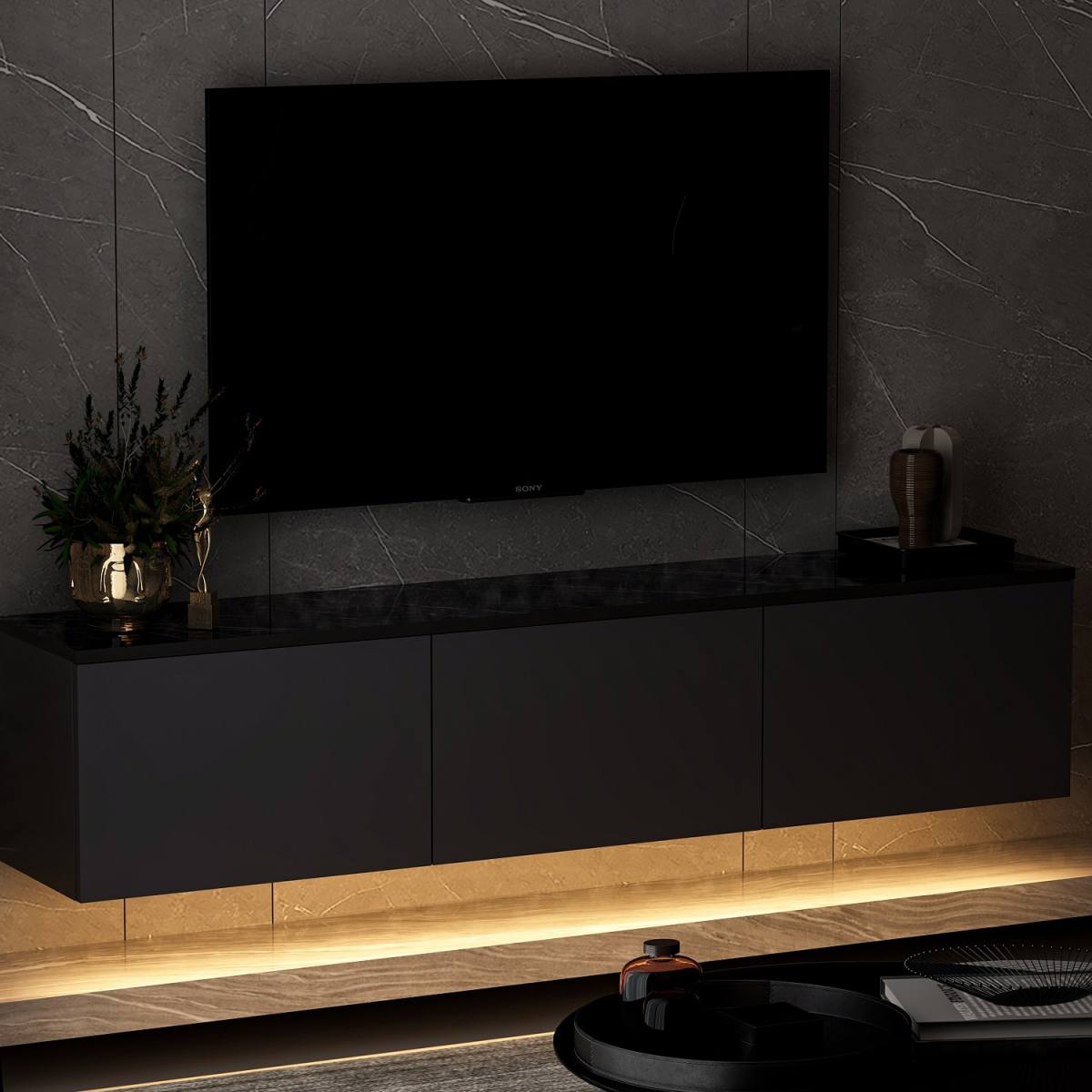 NORDVÄRK Neon Illuminated væghængt TV-bord, m. 3 låger, produktbillede 9 af 10, TV-borde hos HomeNordic